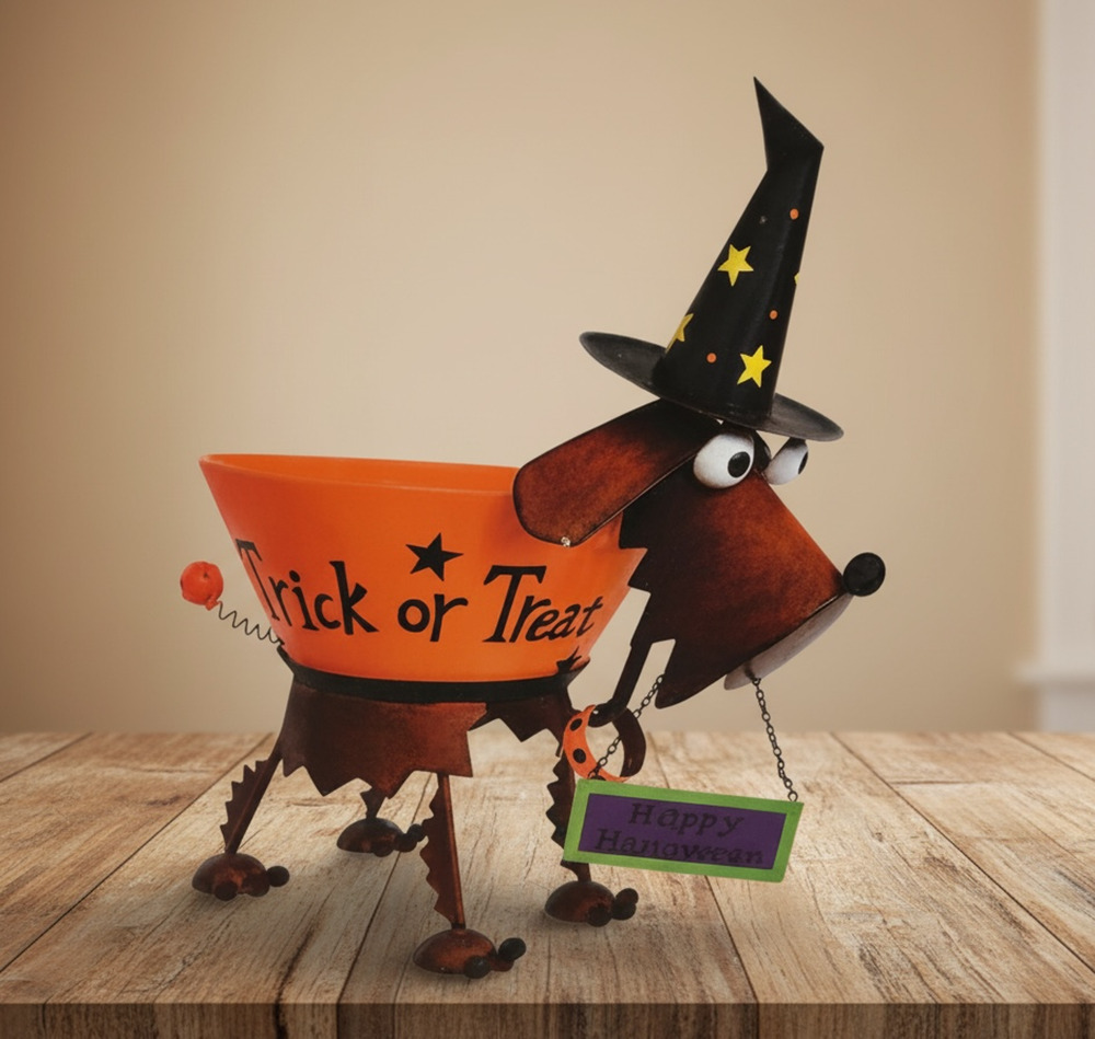 🎃 Cracker Barrel Too Cute To Spook Metal Dog Stand & Candy Bowl Halloween Decor